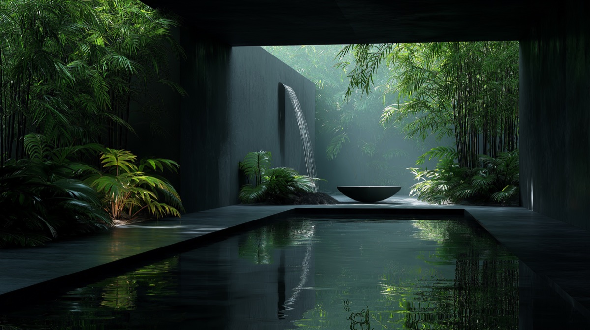 대나무 정원의 작은 폭포와 돌 베이슨