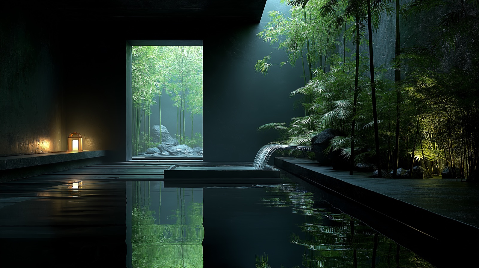 대나무 숲으로 난 석조 입구와 이끼 낀 자갈