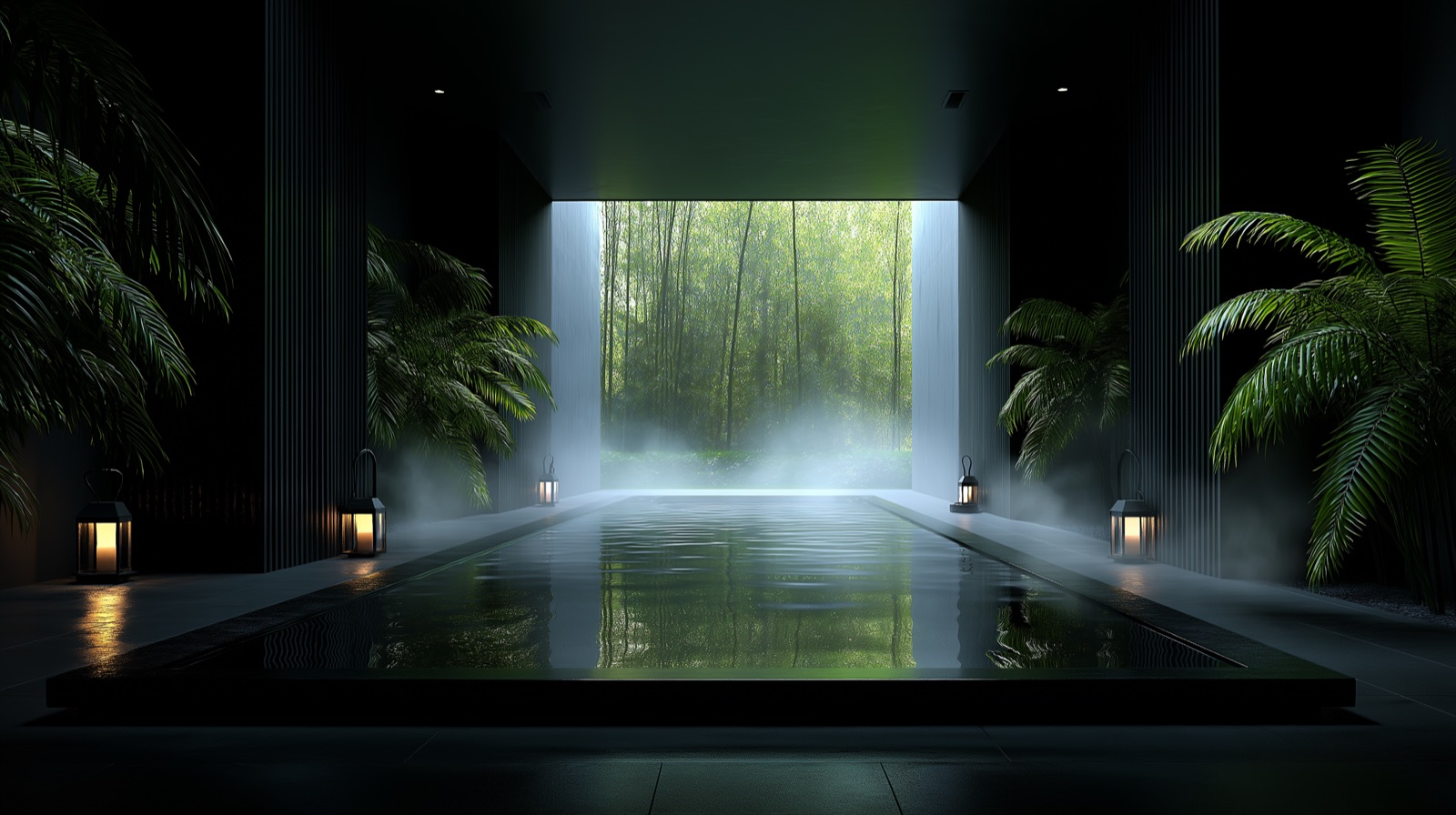 증기가 오르는 대칭 풀과 등롱