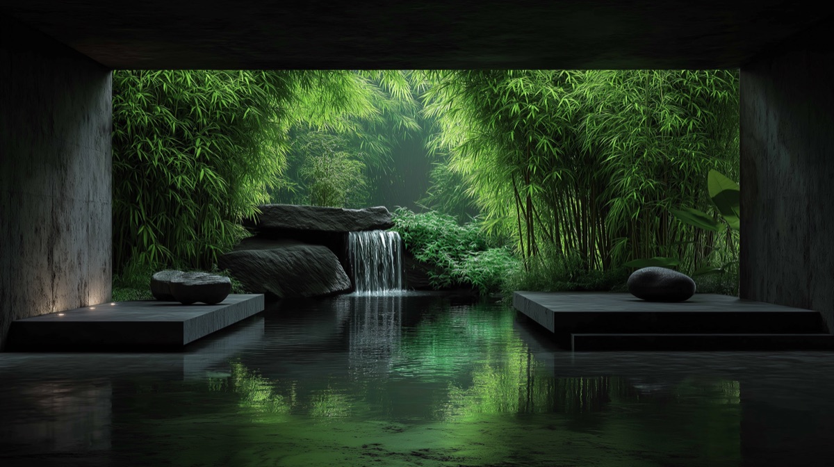 대나무 정원의 야외 온천과 작은 폭포